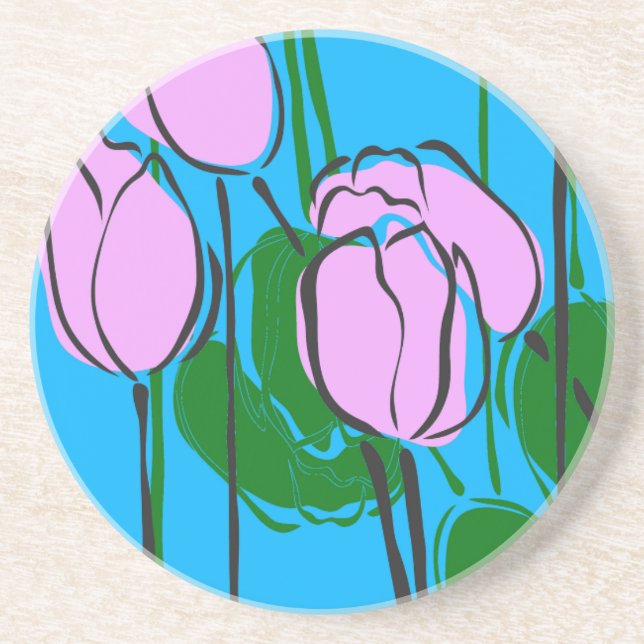 Hand Drawn Pink Tulips on Sky Blue Drink Coaster (Front)