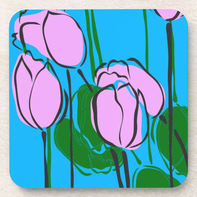 Hand Drawn Pink Tulips on Sky Blue Drink Coaster (Front)