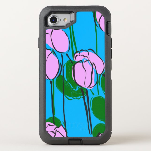 Hand Drawn Pink Tulips on Sky Blue Otterbox iPhone Case (Back)