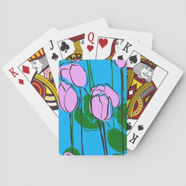 Hand Drawn Pink Tulips on Sky Blue Poker Cards (Back)