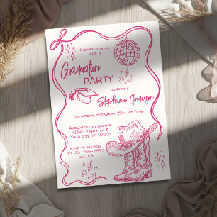 Hand Drawn Pink Western Disco Graduation Party Invitation