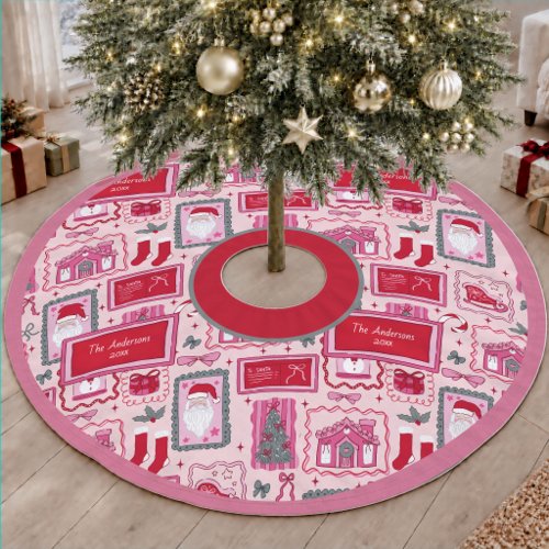 Hand Drawn Pink Whimsical Christmas Doodles Name Brushed Polyester Tree Skirt