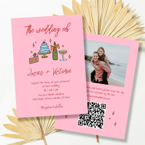 Hand Drawn Pink Whimsical QR Code Photo Wedding Invitation