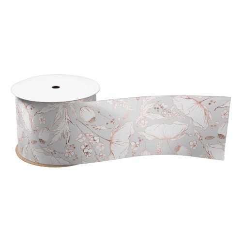 Hand_drawn Pink Wildflowers Elegant Light Grey Satin Ribbon