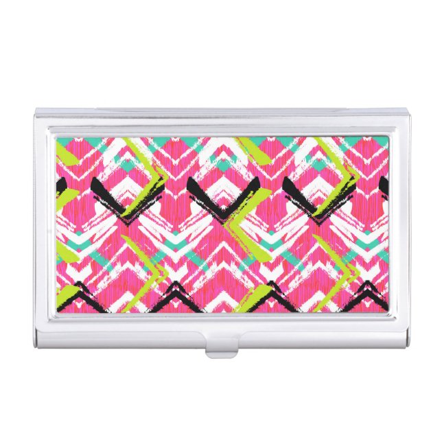 Hand Drawn Pink Zig Zag Pattern Business Card Holder (Front)