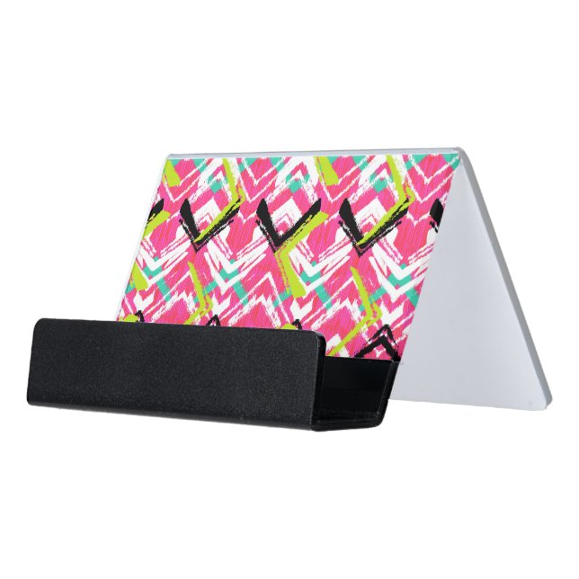 Hand Drawn Pink Zig Zag Pattern Desk Business Card Holder (Angled Front)