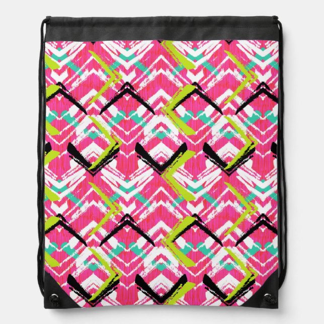 Hand Drawn Pink Zig Zag Pattern Drawstring Bag (Front)