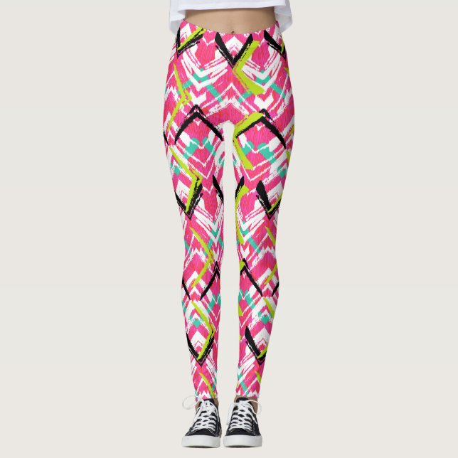 Hand Drawn Pink Zig Zag Pattern Leggings (Front)