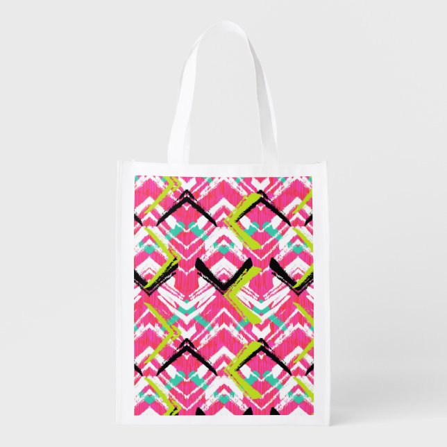 Hand Drawn Pink Zig Zag Pattern Reusable Grocery Bag (Front)