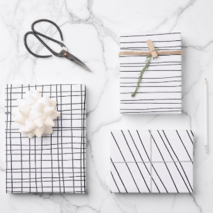 Hand Drawn Pinstripes Grid Wonky Black & White Wrapping Paper Sheets
