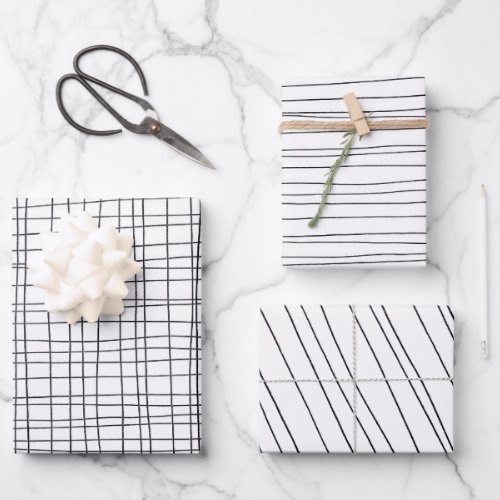 Hand Drawn Pinstripes Grid Wonky Black  White Wrapping Paper Sheets