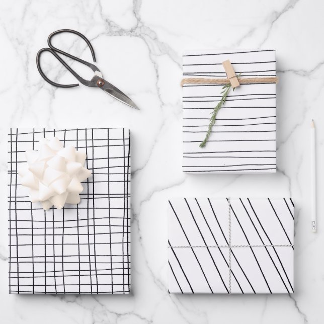 Hand Drawn Pinstripes Grid Wonky Black & White Wrapping Paper Sheets (Front)