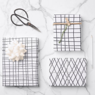 Hand Drawn Pinstripes Grid Wonky Black & White Wrapping Paper Sheets
