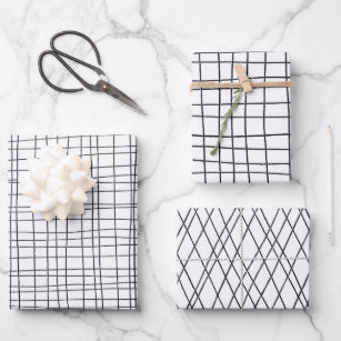 Hand Drawn Pinstripes Grid Wonky Black & White Wrapping Paper Sheets