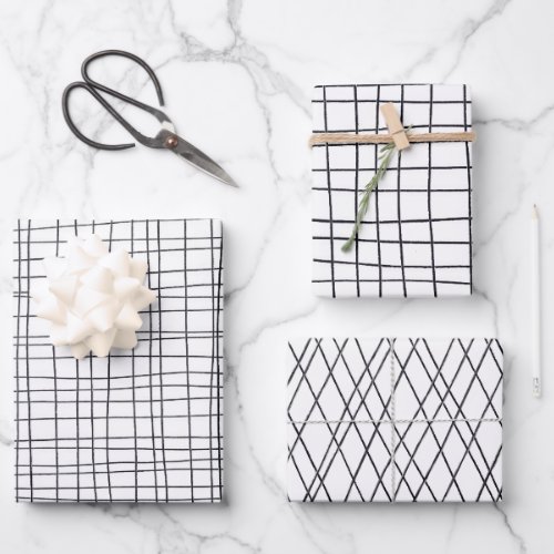 Hand Drawn Pinstripes Grid Wonky Black  White Wrapping Paper Sheets