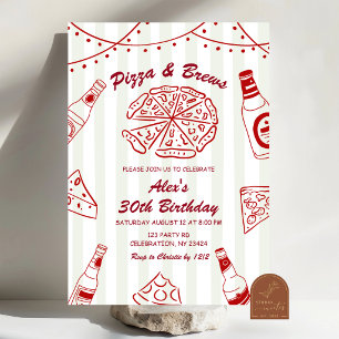 Hand Drawn Pizza and Brews Birthday party Invitation