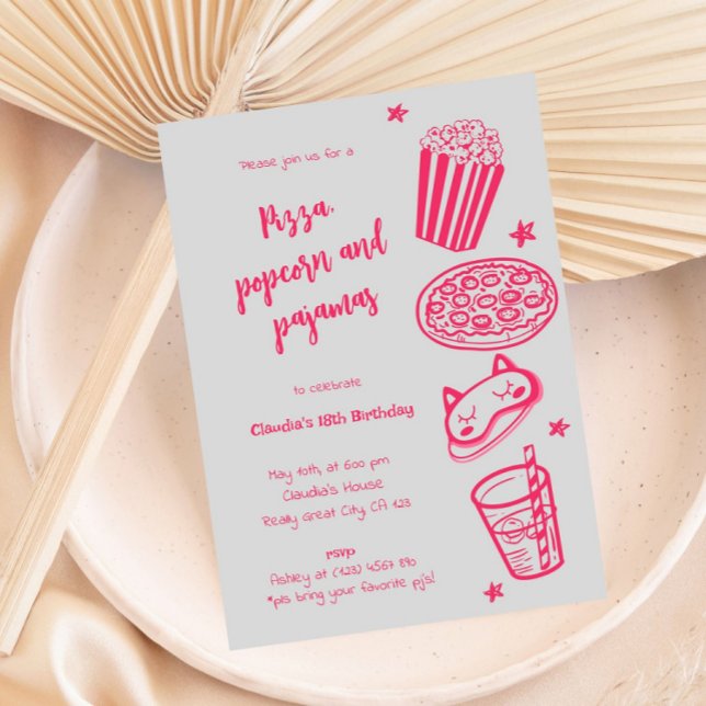 Hand Drawn Pizza Popcorn and Pajamas Invitation (Creator Uploaded)