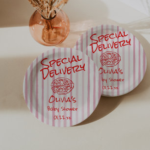 Hand Drawn Pizza Red Special Delivery Baby Shower Paper Plates