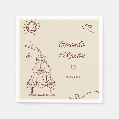 Hand Drawn Playful Whimsical Retro French Wedding Napkins