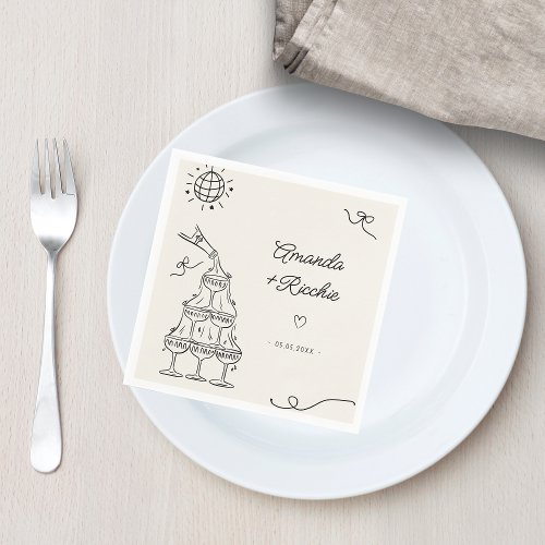 Hand Drawn Playful Whimsical Retro French Wedding Napkins