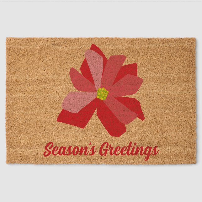 Hand Drawn Poinsettia Season’s Greetings Fiber Doormat (Front)