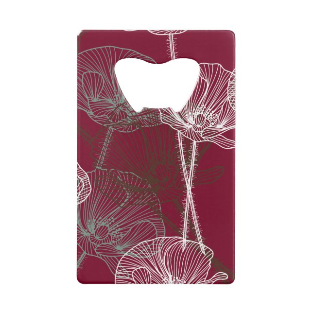Hand Drawn Poppies on Dark Red Credit Card Bottle Opener (Front)