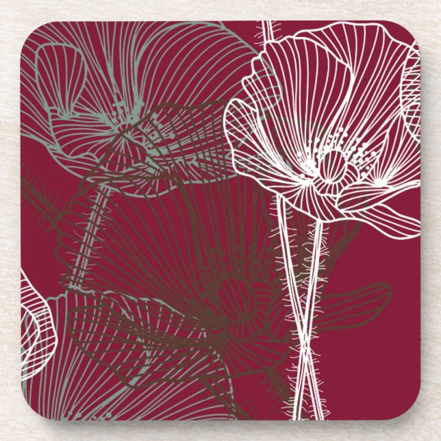 Hand Drawn Poppies on Red Coaster (Front)