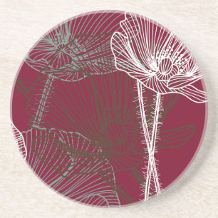 Hand Drawn Poppies on Red Drink Coaster
