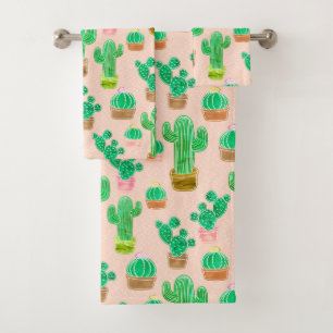 Hand Drawn Potted Cactus Pattern Bath Towel Set