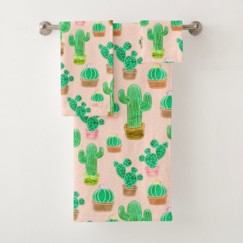 Hand Drawn Potted Cactus Pattern Bath Towel Set