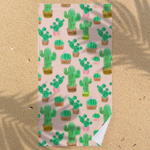 Hand Drawn Potted Cactus Pattern Beach Towel