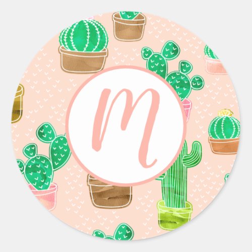 Hand Drawn Potted Cactus Pattern Classic Round Sticker