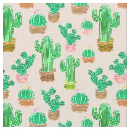 Hand Drawn Potted Cactus Pattern Fabric