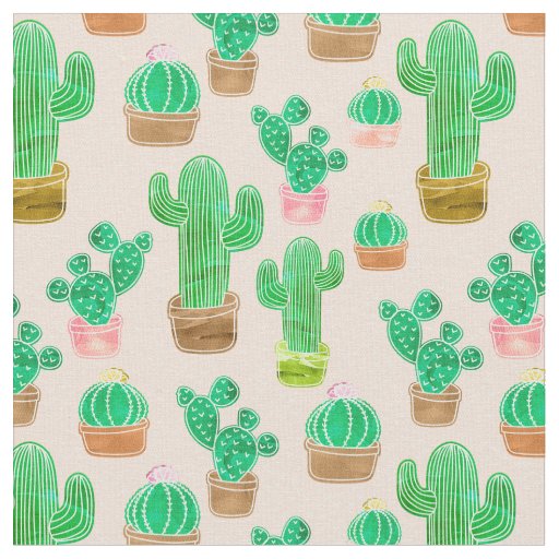 Hand Drawn Potted Cactus Pattern Fabric