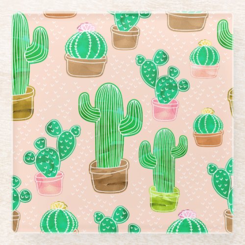 Hand Drawn Potted Cactus Pattern Glass Coaster