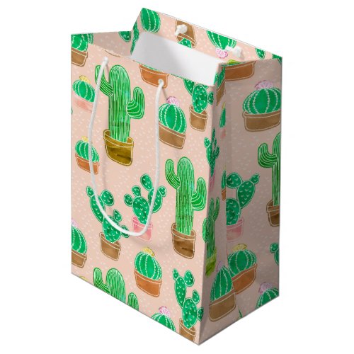 Hand Drawn Potted Cactus Pattern Medium Gift Bag