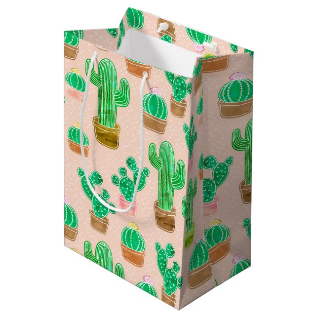 Hand Drawn Potted Cactus Pattern Medium Gift Bag (Front Angled)
