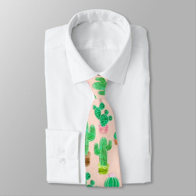 Hand Drawn Potted Cactus Pattern Neck Tie (Tied)