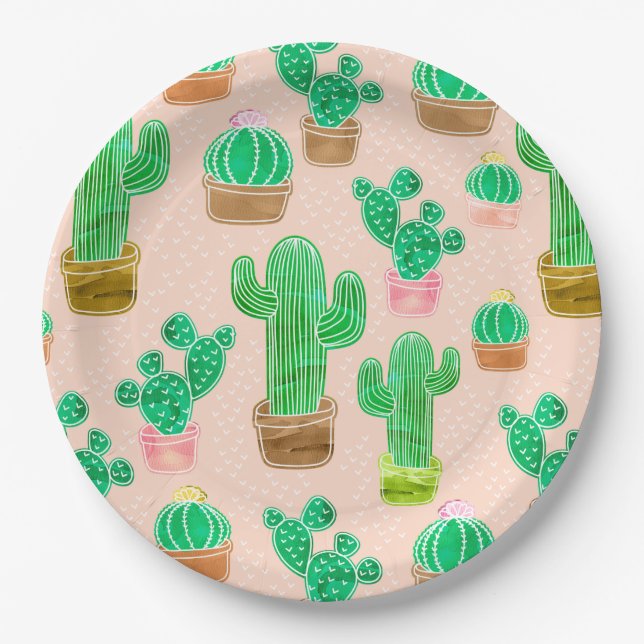 Hand Drawn Potted Cactus Pattern Paper Plates (Front)