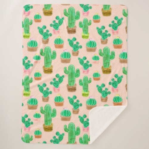 Hand Drawn Potted Cactus Pattern Sherpa Blanket