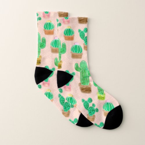 Hand Drawn Potted Cactus Pattern Socks