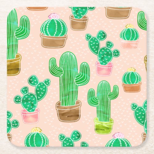 Hand Drawn Potted Cactus Pattern Square Paper Coaster