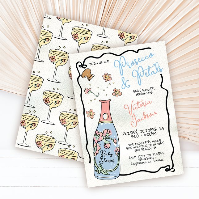 Hand Drawn Presecco and Petals Baby Shower burst Invitation (Creator Uploaded)