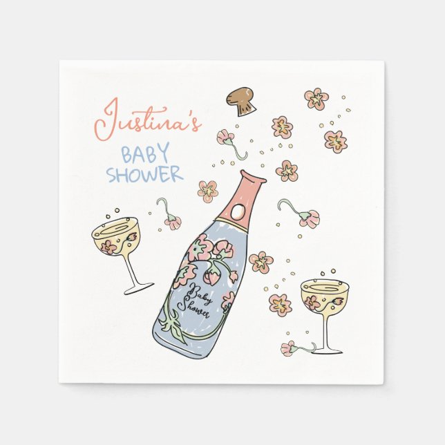 Hand Drawn Presecco and Petals Baby Shower Napkins (Front)