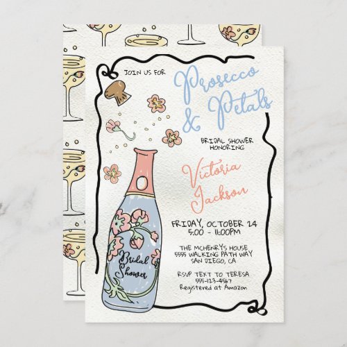 Hand Drawn Presecco and Petals Bridal Shower burst Invitation