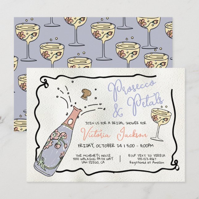 Hand Drawn Presecco and Petals Bridal Shower Invitation (Front/Back)