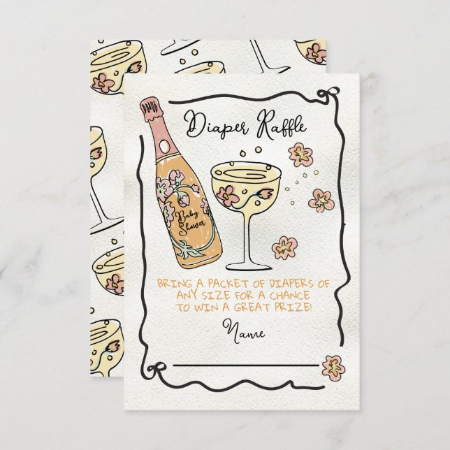 Hand Drawn Presecco & Petals diaper Raffle Shower Invitation (Front/Back)