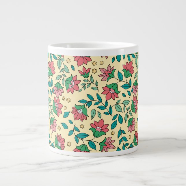 Hand Drawn Pressed Flowers Leaves Pattern  Giant Coffee Mug (Front)