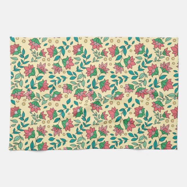 Hand Drawn Pressed Flowers Leaves Pattern  Kitchen Towel (Horizontal)