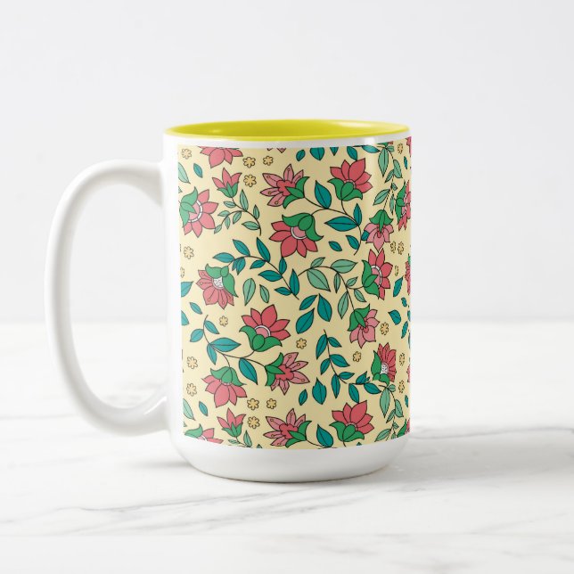 Hand Drawn Pressed Flowers Leaves Pattern  Two-Tone Coffee Mug (Left)